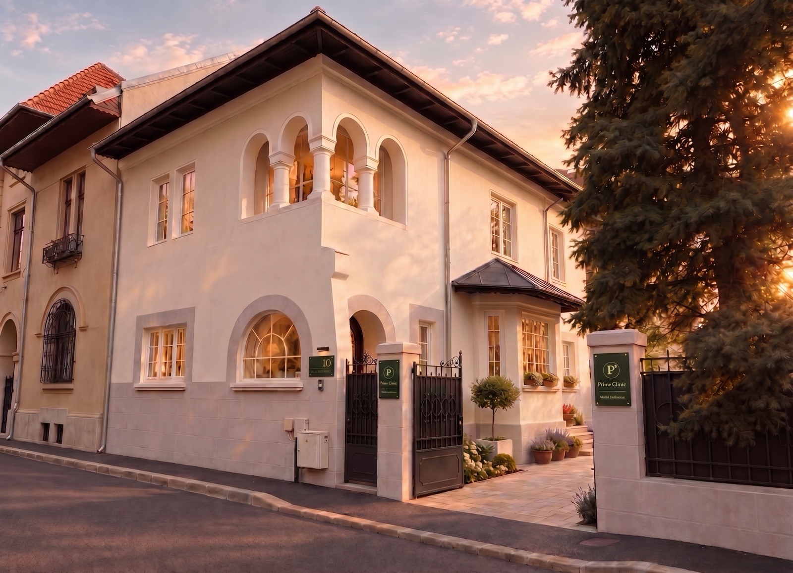 Vila Prime′ Clinic de pe Strada Stockholm, la asfințit: o casă brâncovenească restaurată, crem, cu loggie cu arcade, porți de fier forjat și plăcuțe verzi Prime′ Clinic.